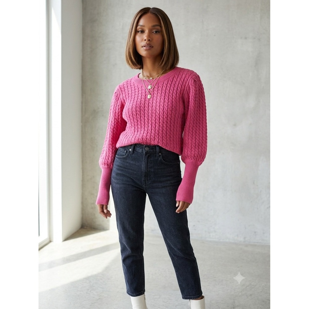 Greylin‎ Hot Pink Cable Knit Puff Sleeve Crew Neck Sweater G2312WT5983 Womens L